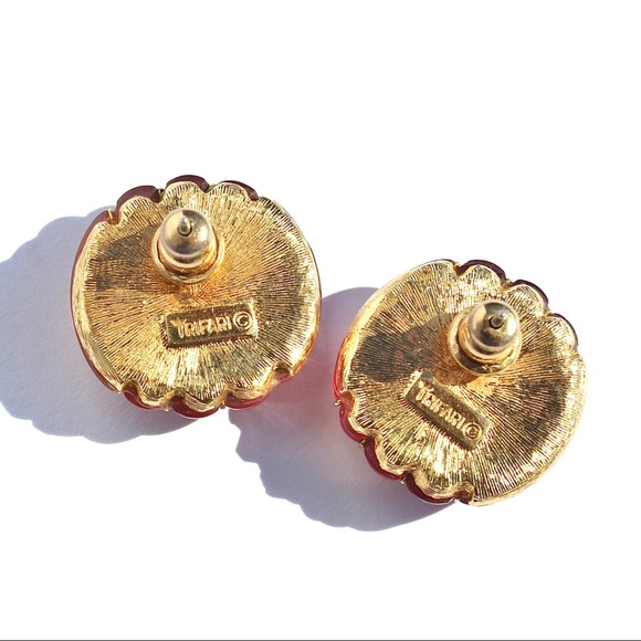 Vintage Crown Trifari Ribbed Lucite Stud Earrings Pink Purple Studs 1960s Rare - Picture 4 of 5